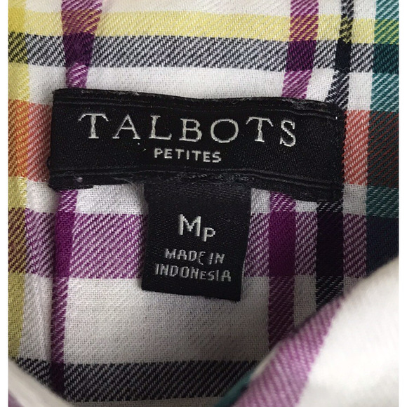 Talbots Petites Plaid Button Up Top White Purple Green Orange Cotton Yellow MP - Picture 4 of 5